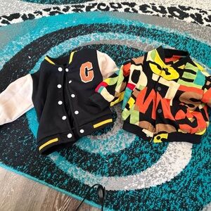 Colorful Graphic Cardigan and Black Varsity Jacket